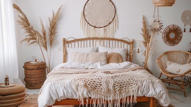 Photo a contemporary bedroom decorated with pillows in a bohemian design from scandinavia dreamcatcher hanging on wall panel fruits and wicker hats on the bed generative ai