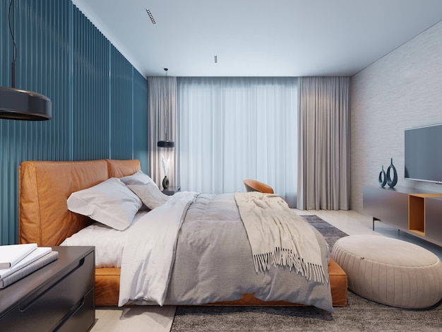 Contemporary bedroom with a blue and white wall and an orange bed and a chair with a beige ottoman 3d rendering