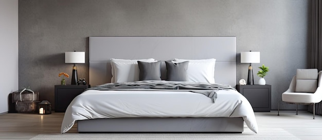 キングサイズのベッドを備えた現代的な寝室、白いシーツ、ベッドの上にグレーのラップ、テーブルランプ付きの小さな銀の食器棚