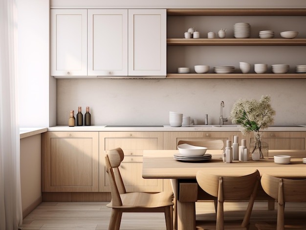 Contemporary beige kitchen with a bright atmosphere AI Generated