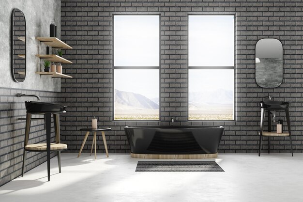 현대적인 검은 벽돌 욕실