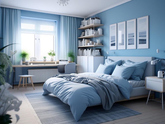 Contemporary blue bedroom interior tasteful furniture AI Generated