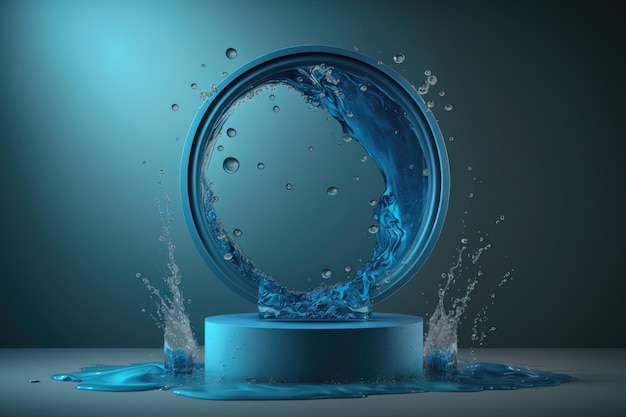 Contemporary blue circle Podium with glass and water AI generation