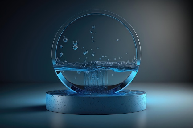 Contemporary blue circle Podium with glass and water AI generation