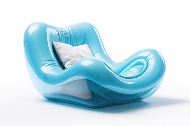 a contemporary blue inflatable lounger with a white pillow for relaxation and comfort on a clear png or white background