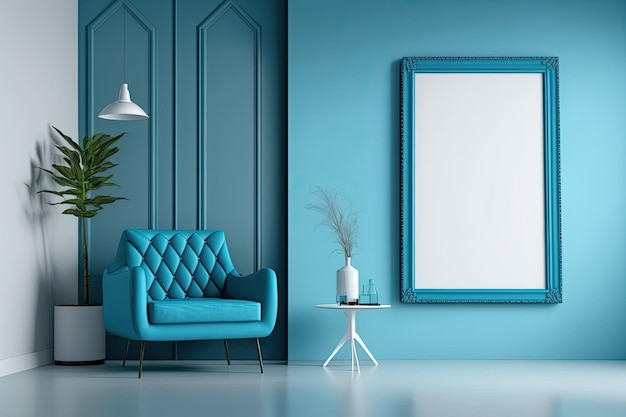 Contemporary blue living room with typical blue hue and empty frame on blue background