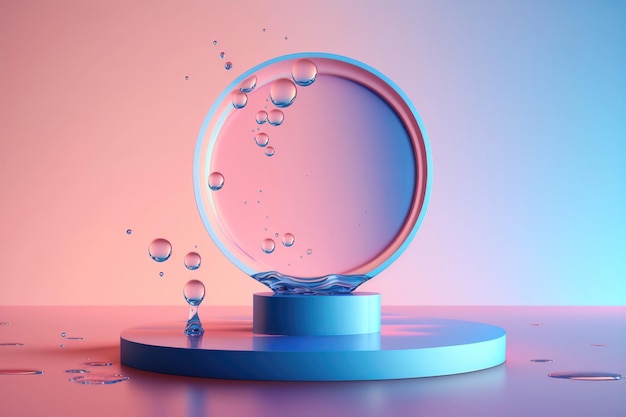 Contemporary blue and pink circle Podium with glass and water AI generation