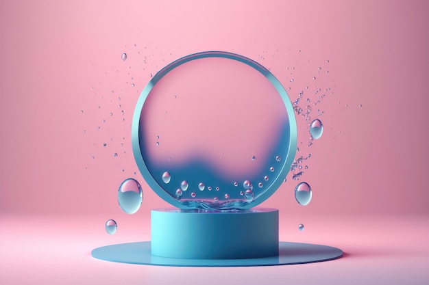 Contemporary blue and pink circle Podium with glass and water AI generation