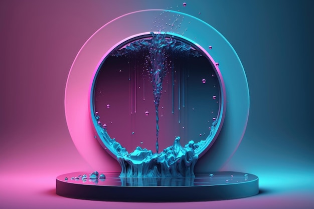 Contemporary blue and pink circle Podium with glass and water AI generation