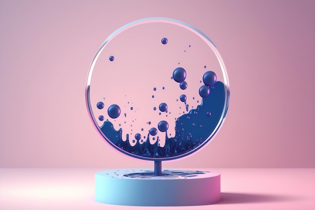 Contemporary blue and pink circle Podium with glass and water AI generation