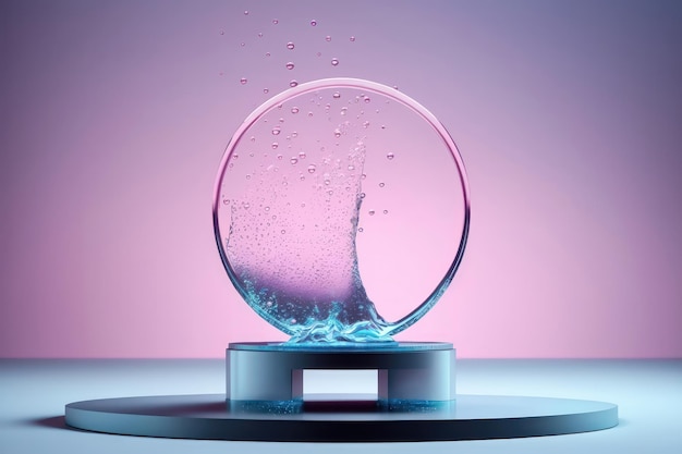 Contemporary blue and pink circle Podium with glass and water AI generation