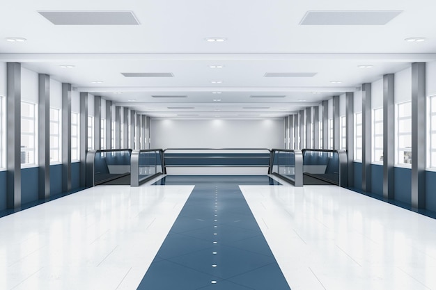Современный сине-белый кафельный торговый центр или интерьер аэропорта с окнами, видом на город и эскалатором Концепция общественных мест 3D рендеринг
