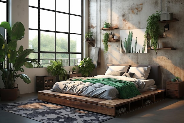 Photo contemporary bohemian bedroom with stylish concrete and exquisite wooden paneling