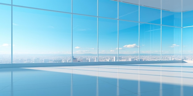 A contemporary bright room with huge windows and a blue sky