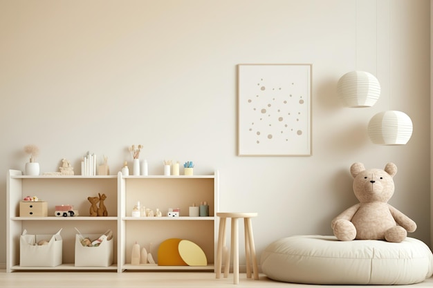 A contemporary childrens room has an empty cream wall Mockup of an interior design in a contemporary style Free copy as well as room for your poster or image a bed a console and toys a comforta