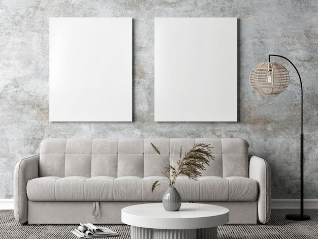 Contemporary classic beige interior with furniture and mock up poster. Concrete wall background.