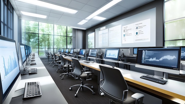 contemporary computer lab with multiple desks and desktop computers monitors displaying code and data illuminated by large windows and digital displays of analytics and graphs on walls