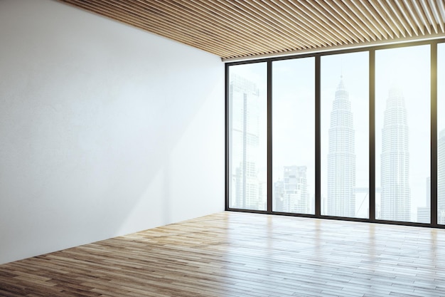 Contemporary concrete interior with wooden floor and ceiling blank copyspace shadows sunlight and window with city view Mock up 3D Rendering