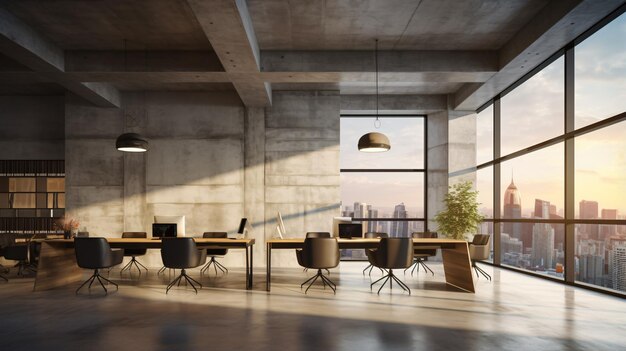 Contemporary concrete office interior with city view