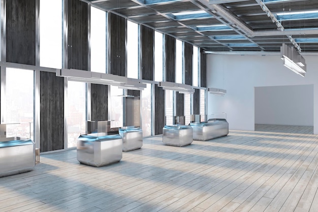 Современный бетонный и деревянный интерьер выставочного зала с витринами и многочисленными окнами с видом на город 3D-рендеринг
