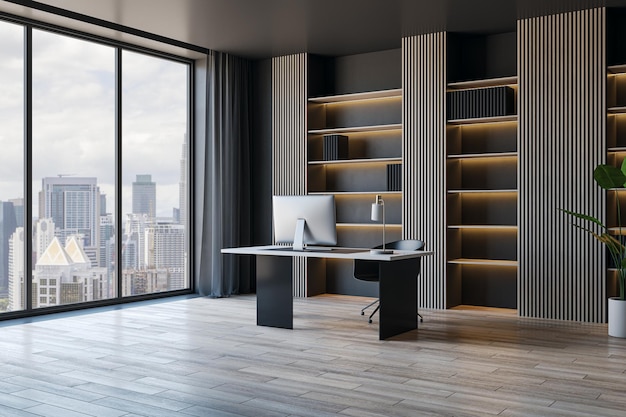 Contemporary concrete and wooden stylish designer office\
interior with panoramic city view furniture computer monitor\
bookcase shelves 3d rendering