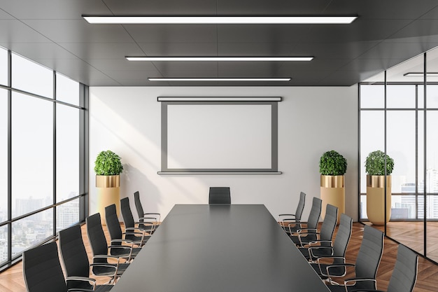 Contemporary conference office room with screen for projector on wall