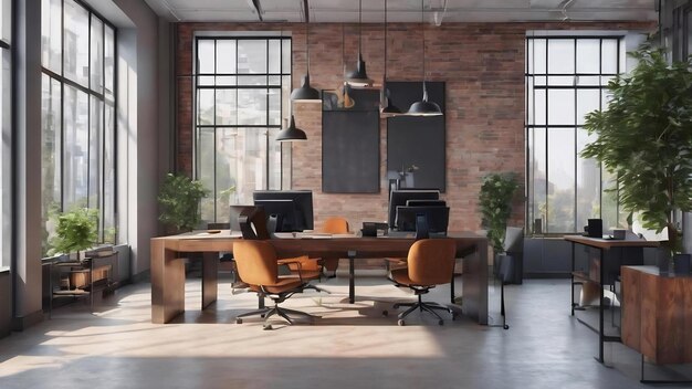 Contemporary coworking office interior with furniture and daylight workplace concept 3d rendering