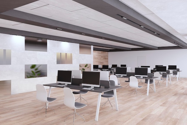 Contemporary coworking office interior with furniture equipment and other objects in daylight 3D Rendering