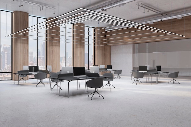 Contemporary coworking office interior with furniture equipment and window with city view 3D Rendering