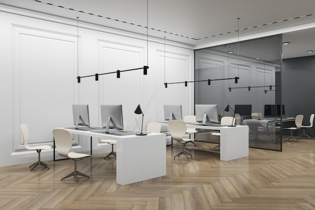 Contemporary coworking office interior with furniture wooden flooring concrete walls equipment and daylight Workplace 3D Rendering