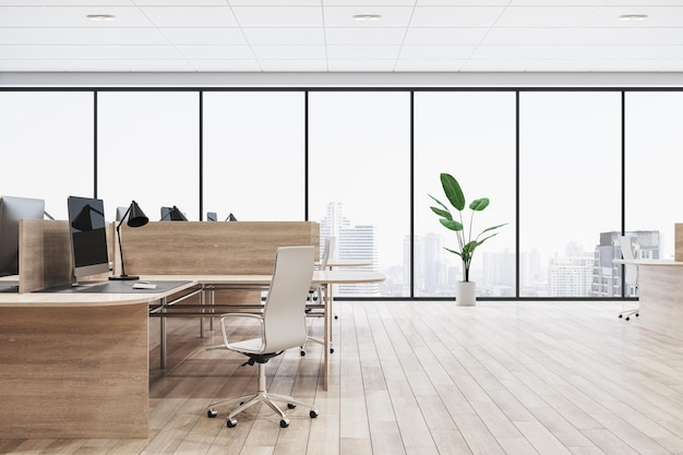 Contemporary coworking office interior with panoramic windows and city view daylight wooden flooring furniture and decorative plant 3D Rendering