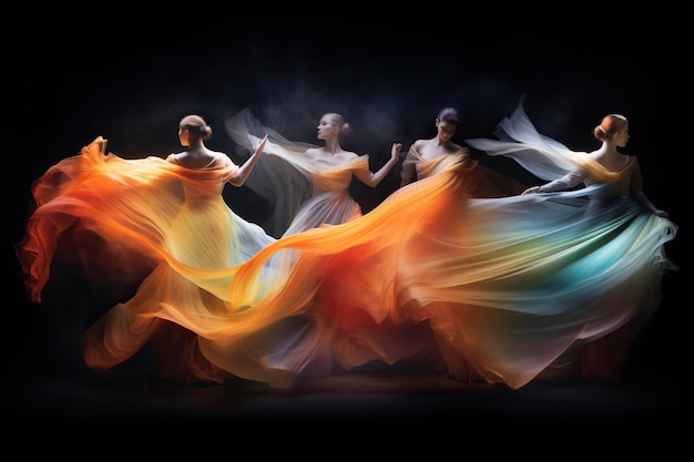 Foto un'esposizione molto lunga di ballerini contemporanei molto forte motion blur astratto scatto a bassa velocità sfondo scuro