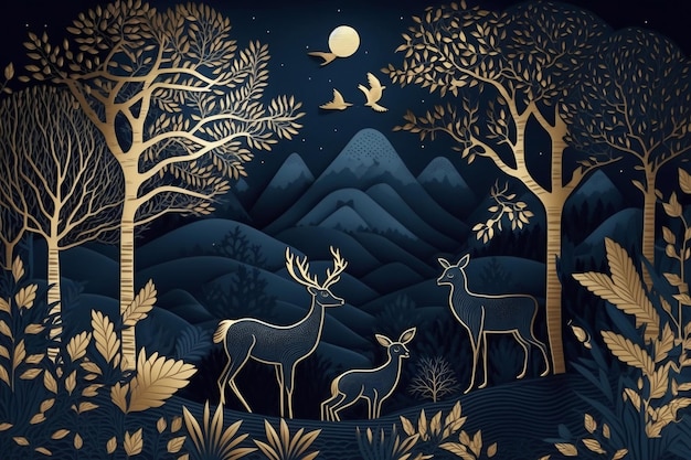 Contemporary Dark Blue Mural Wallpaper Tree Mountain Deer Birds and Gold Waves on a Forestlike Background Generative AI