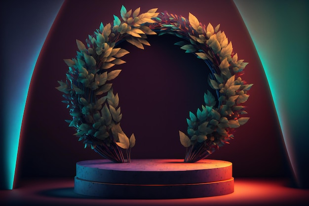 The contemporary design of leaves on the neon circle, with a podium stage