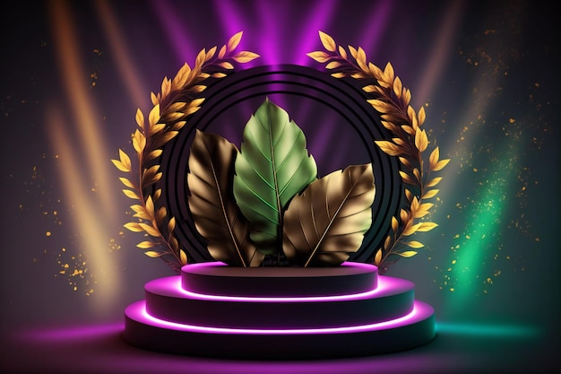 The contemporary design of leaves on the neon circle, with a podium stage