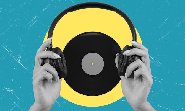Contemporary design Modern art collage featuring headphones and vinyl record