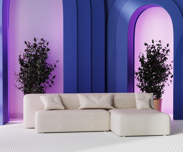 Contemporary design room with white sofa on mosaic tiled floor blue arhces with cove lighting and pink wall 3d rendering