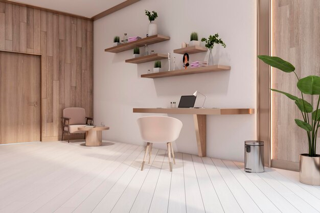 Contemporary designer office interior with wooden and concrete\
details items furniture 3d rendering