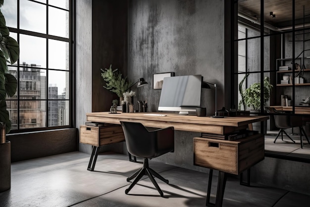 Contemporary desks and a cement wall