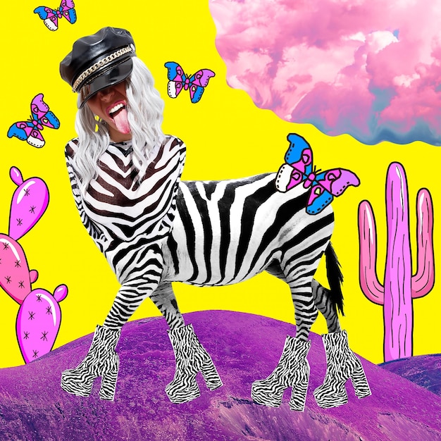 Foto contemporaneo digitale funky minimal collage poster party divertente ragazza zebra nello spazio fantastico