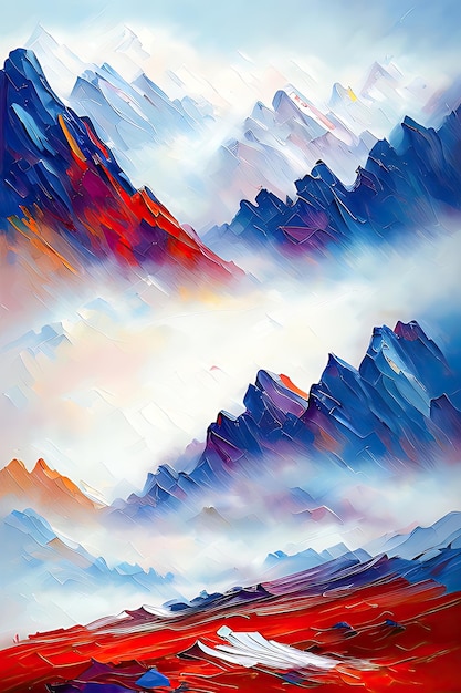 Contemporary Digital Oil Painting of Mountain Landscape in Vibrant Colors