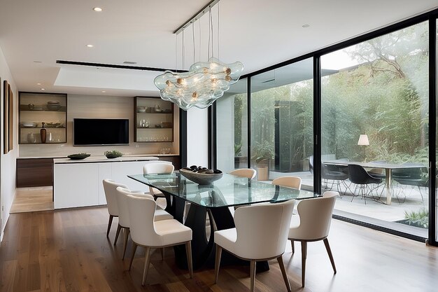 Contemporary dining room with a glass table and sculptural lighting