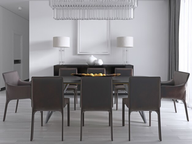 Photo contemporary dining room with a large rectangular dining table with eight brown leather chairs and a black picture dresser and lamps. 3d rendering.