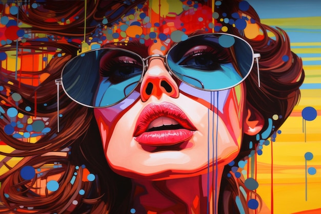 Современный рисунок яркий поп-арт женский портрет в солнцезащитных очках Ретро винтажная концепция