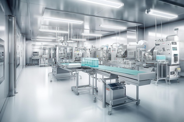 Contemporary drug production workshop interior spacy bright sterile room facility with modern indust