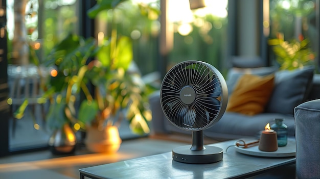 Contemporary electric fan in living room on table Generative Ai