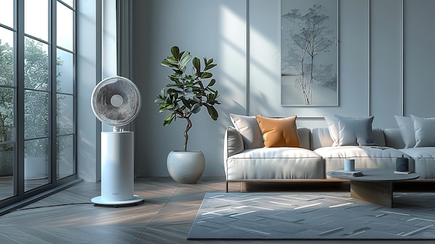 Contemporary electric fan in living room on table Generative Ai