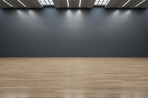 Contemporary empty dark black wall gallery interior with mock up place and reflections on wooden parquet flooring Art no people museum and exhibition concept 3D Rendering