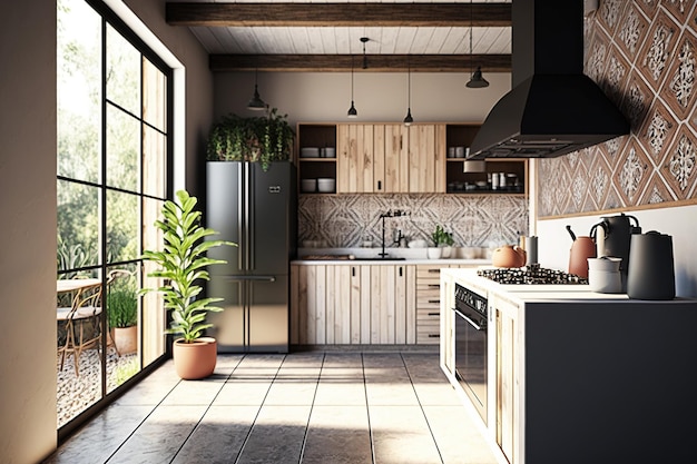 Contemporary empty home interior kitchen boho style
