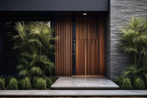 Contemporary exterior of home with dark ceramic tiles as siding of house and tall front door Generative AI illustration